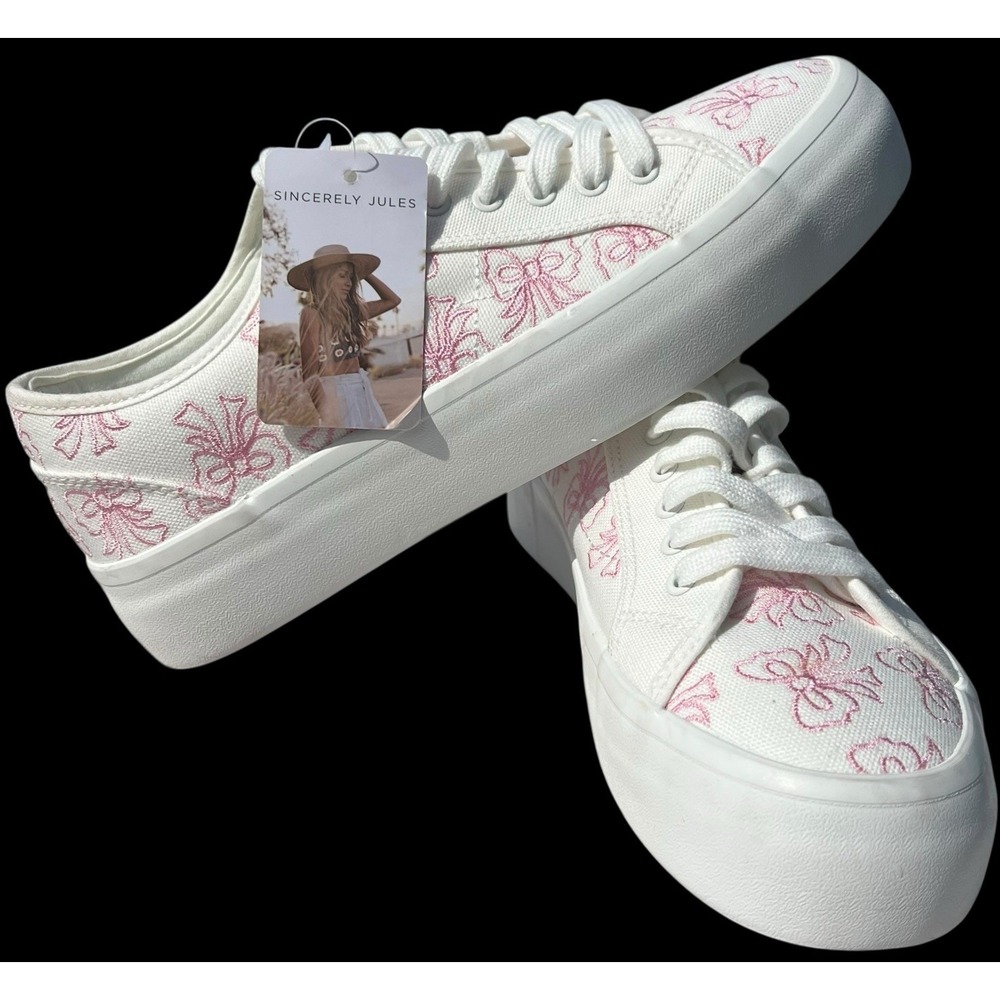 Sincerely Jules White W/Pink Bows Canvas Sneaker Casual Size 8.5 NWT